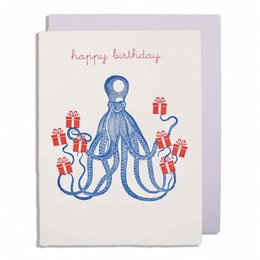 "Octopus-themed greeting card with 'happy birthday' text and red and blue octopus illustration"
The image shows a greeting card with an octopus illustration in blue and red colors. The text on the card says "happy birthday". This card appears to be part of a collection or series of cards featuring various animal-themed designs.