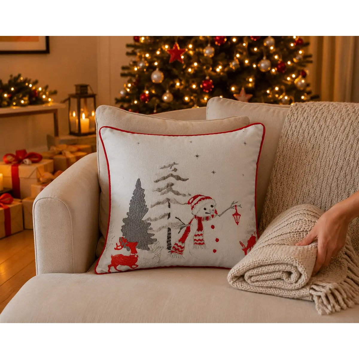Blanco Invierno – Bordado de muñeco de nieve – Funda de cojín / Kussenhoes – Navidad 45×45 cm – Urbane Hide