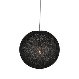 Black textured spherical pendant lamp, round ball hanging light fixture, modern minimalist design.