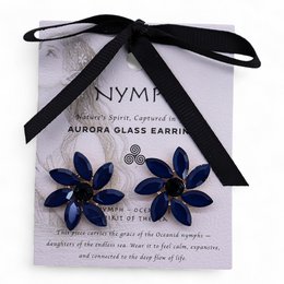  Navy blue crystal flower statement earrings