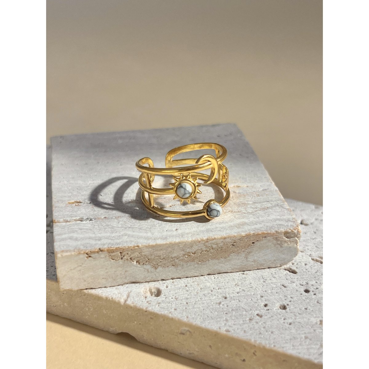 Moon, star and sun adjustable ring with stone