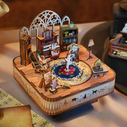 Tonecheer, Muziekdoosje, DIY 3D Houten Puzzel, Cat's Family, TQ065, 14x14x13,9cm