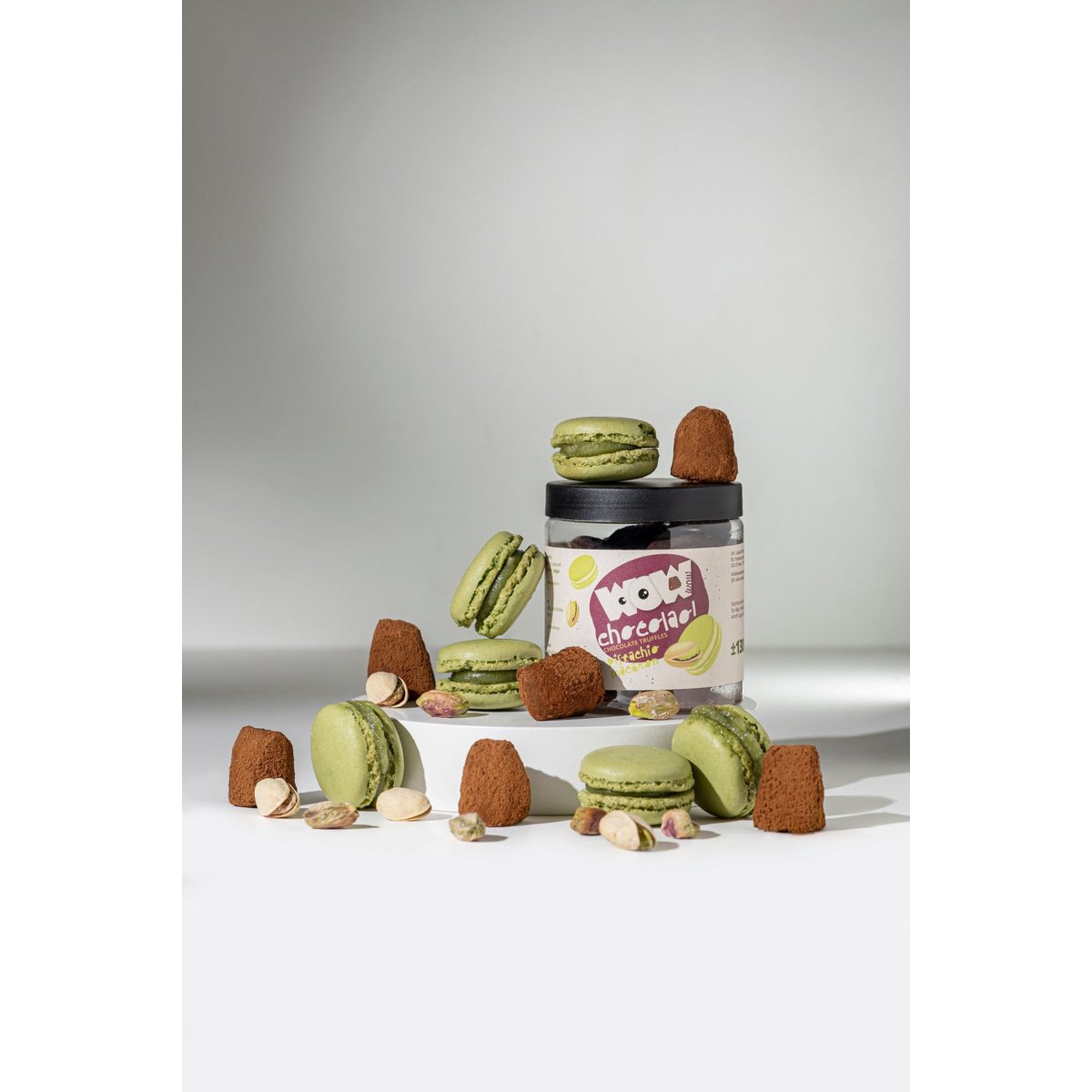 Pistazien-Macaron-Schokoladen-Trüffel-Geschenkglas 130 g | Pistazien-Luxusschokolade