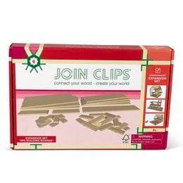 Tan and red building block expansion set with wooden clips for connecting blocks.