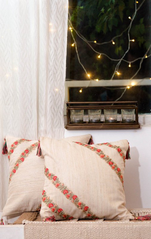 Cushion | Handwoven Dupion Silk Cover Embroidered | 41x41cm
