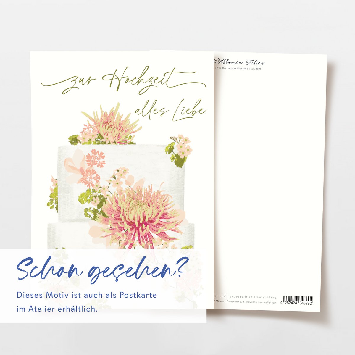 Folding card 'all the best for the wedding' cake with flowers, including envelope