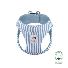 A light blue and white striped pet carrier with handles and a soft, plush interior. Suitable for small dogs or cats.