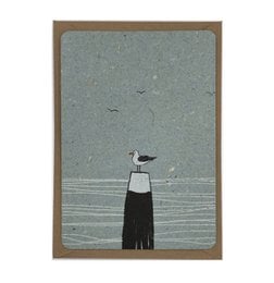A set of three minimalist cards featuring illustrations of a seagull, a bird, and a silhouette figure. The cards have a simple, nature-inspired design with a muted color palette.