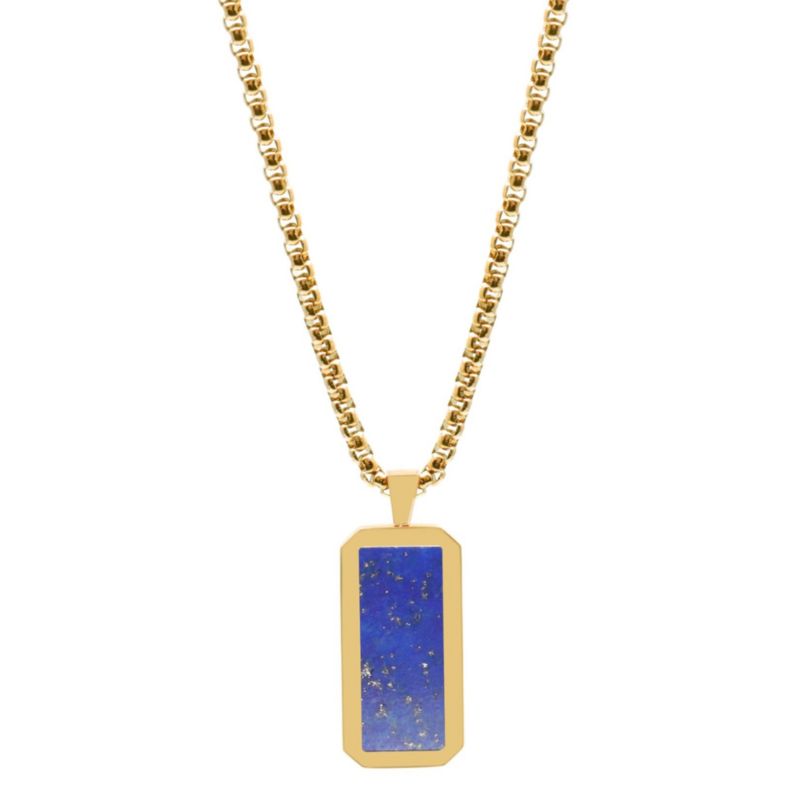 Men's Golden Stainless Steel Necklace with Rectangle Lapis Lazuli Pendant