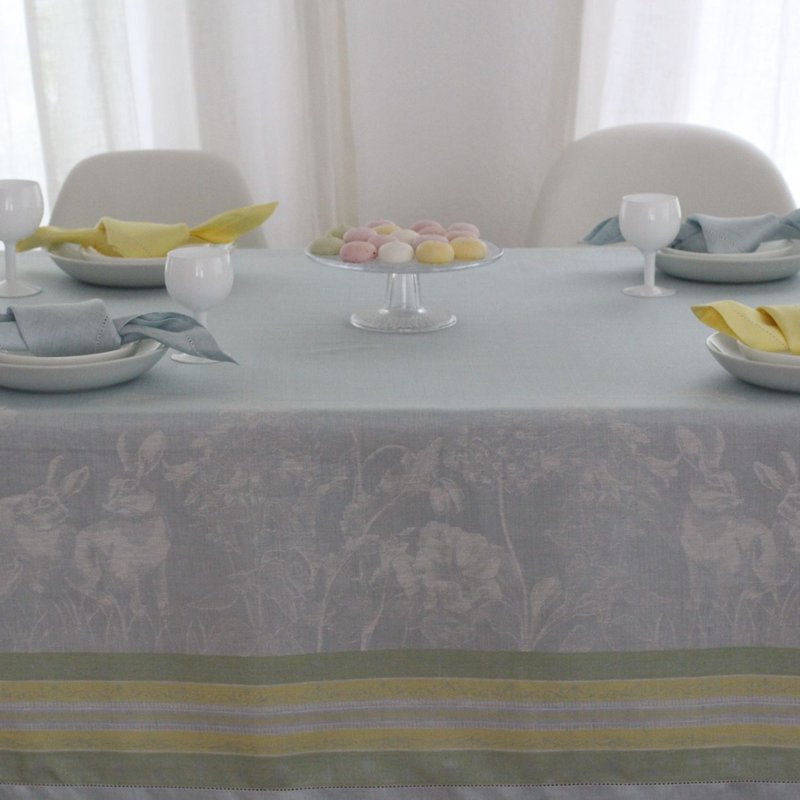 Tovaglia in lino Coniglietto pasquale - blu-verde-giallo