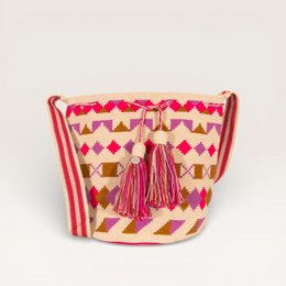 Pink red yellow geometric pattern woven crossbody bag with tassel detail and striped strap.