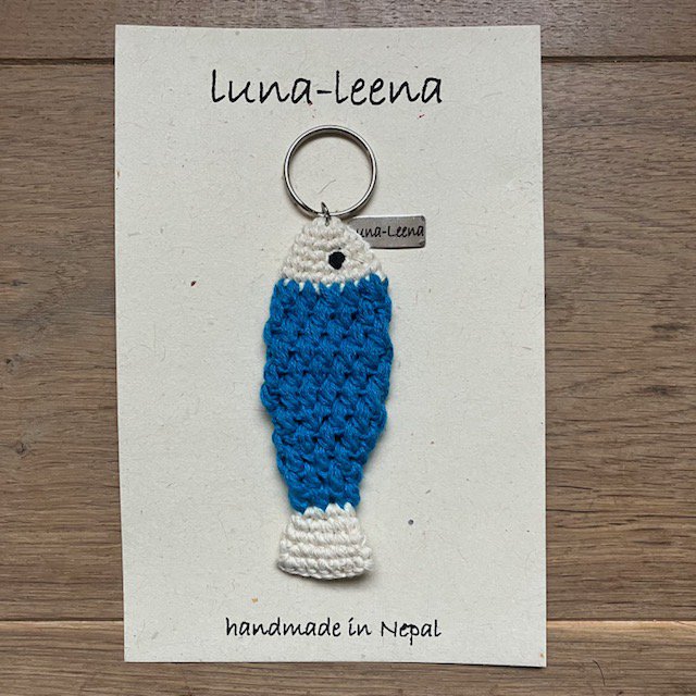 Luna-Leena keychain fish - bag charm - blue - organic cotton - hand crocheted in Nepal - bag hanger