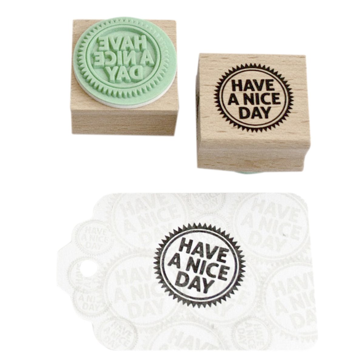 Runder Stempel – Text „Have a Nice Day“ – Holzhalterung