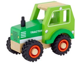 A green toy tractor with large wheels and a wooden platform. The tractor has a simple, blocky design and appears to be made of plastic and wood.
