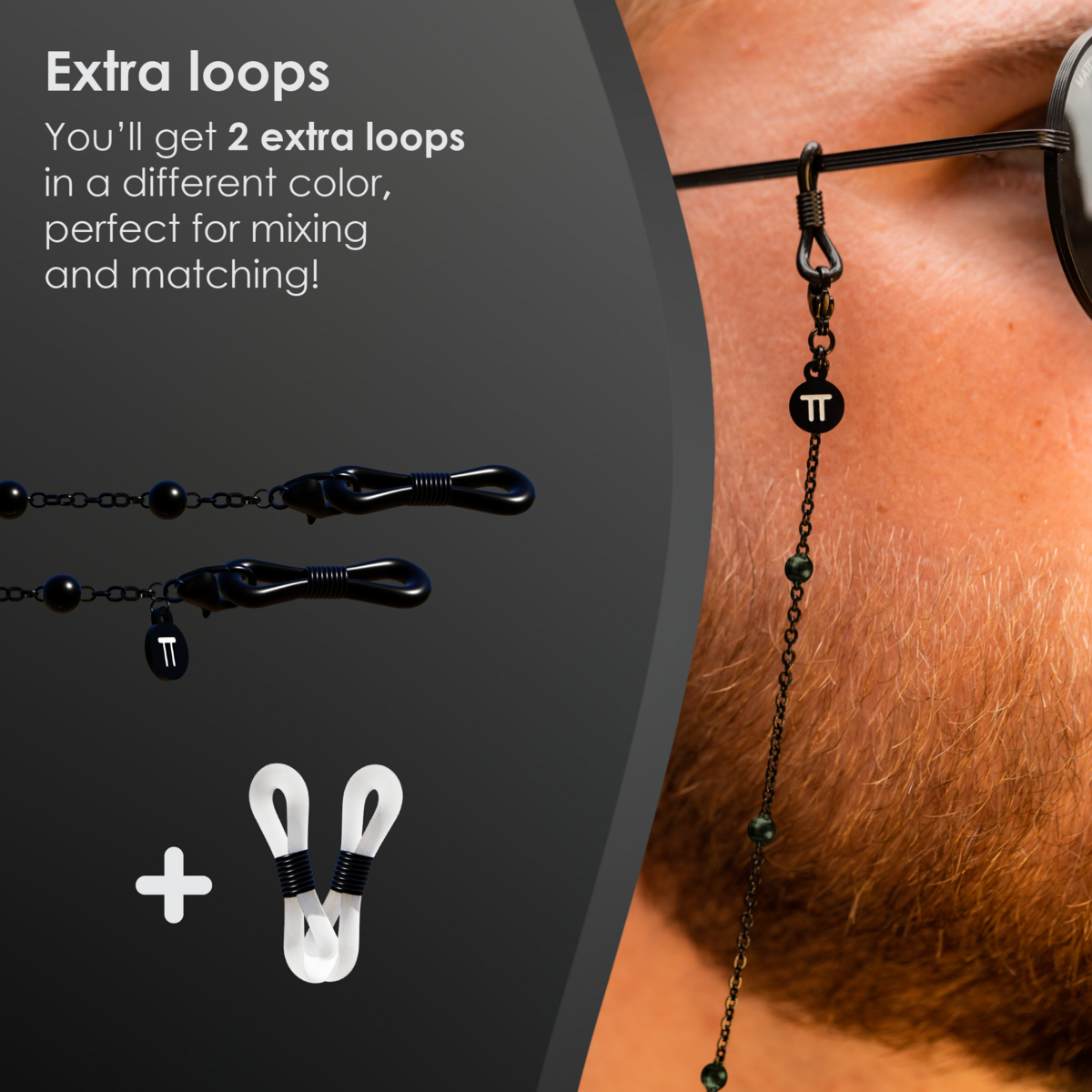 Glasses Cord Balls Black — 100% Stainless Steel & Unisex Eyewear Cords for Women and Men — Glasses Chain with Extra Loops — Brillenkoord Brillenband Brillenkette Cordon de Lunettes Cordón Para Gafas