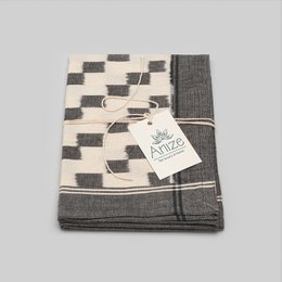 Tea towel, handwoven ikat, block pattern with border in grey/ecru
