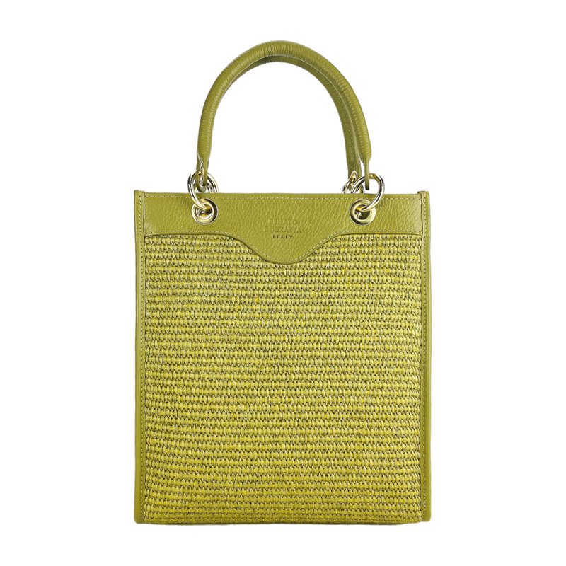 RB1026CM | Verticale dameshandtas van echt leer en stro, gemaakt in Italië. Afneembare en verstelbare lederen schouderband. Accessoires van gepolijst goud - Pistachekleur - Afmetingen: 24 x 29 x 9 cm