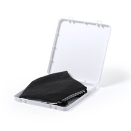 Small white plastic face mask storage box with black interior.