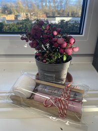 A set of taper candles in various colors, including white, red, and green. The candles are packaged in a gift box with a ribbon and a small teddy bear. The product appears to be a simple gift idea for the holiday season.