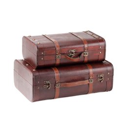  A set of two dark brown vintage-style suitcases or storage boxes. The suitcases have a rectangular shape with leather-like straps and metal hardware. They appear to be made of a durable material, possibly wood or a wood-like composite, with a distressed or aged finish. The suitcases could be used for storage, display, or as decorative pieces.