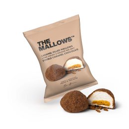 Caramel-filled marshmallow treats with a double caramel chocolate coating. Soft, chewy texture with a sweet caramel center.