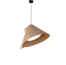 Modern pendant light, cone shaped, beige leather, natural wood, black wood, brown leather, minimalist design, 28cm diameter