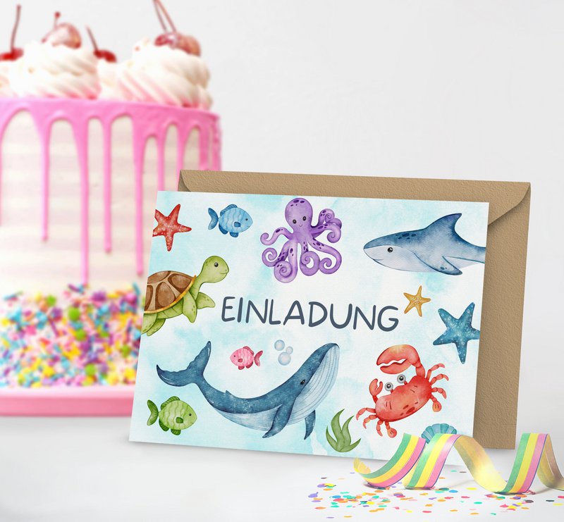 Underwater invitation card set to fill out including envelopes for shark children's birthday parties or mermaid parties