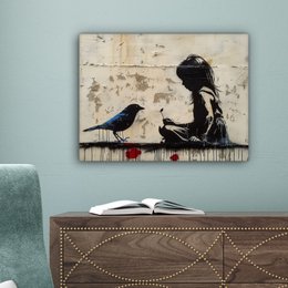 Canvas schilderij - Wanddecoratie Meisje - Street art - Vogel - Abstract - Graffiti - Modern - Muurdecoratie woonkamer - Kamer decoratie modern - Abstracte schilderijen