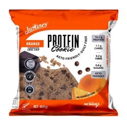 Orange dark chocolate chip protein cookie, keto-friendly, high in protein, low in carbs.