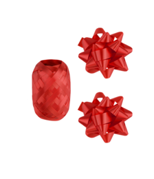 Red gift accessories set including a ribbon and two bows. The ribbon has a textured diamond pattern and the bows have a shiny, glossy finish.