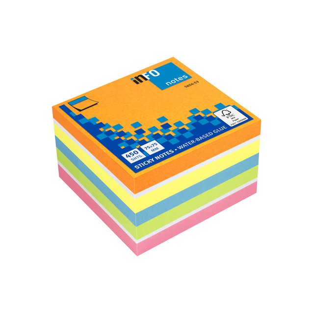 Info notes 75x75mm assorti felle kleuren blok a 450 vel oranje, wit, geel, blauw, groen