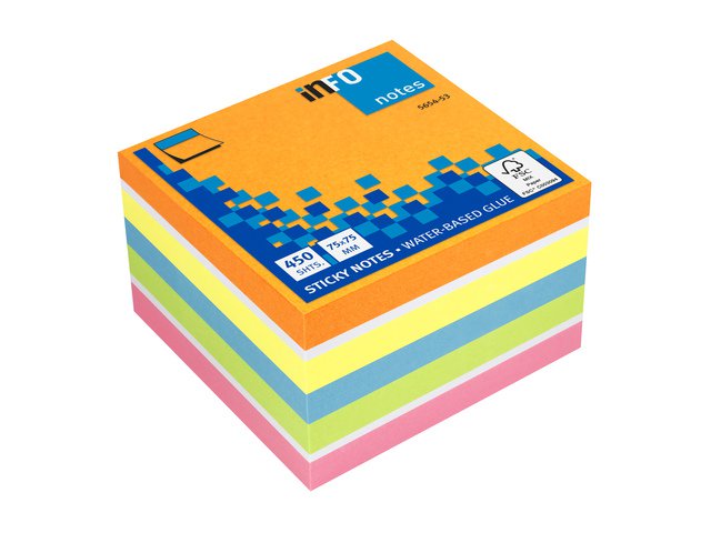 Info notes 75x75mm assorti felle kleuren blok a 450 vel oranje, wit, geel, blauw, groen