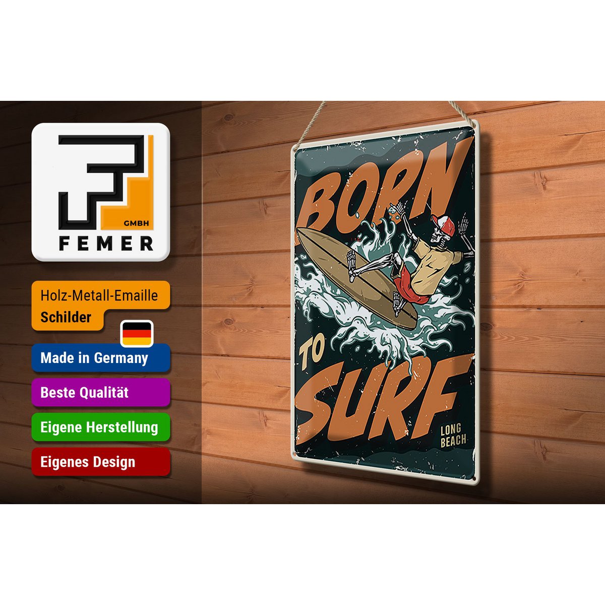Blechschild Surfing 30x40cm Burn to surf long beach Sommer