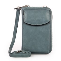 Compact ice blue leather wallet with coin pocket and adjustable strap for convenient carrying.