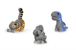 3D cardboard animal models, including a tiger, zebra, and dinosaur. The models are designed for kids and come as a free gift with an order of 18 EUGY 3D Models.