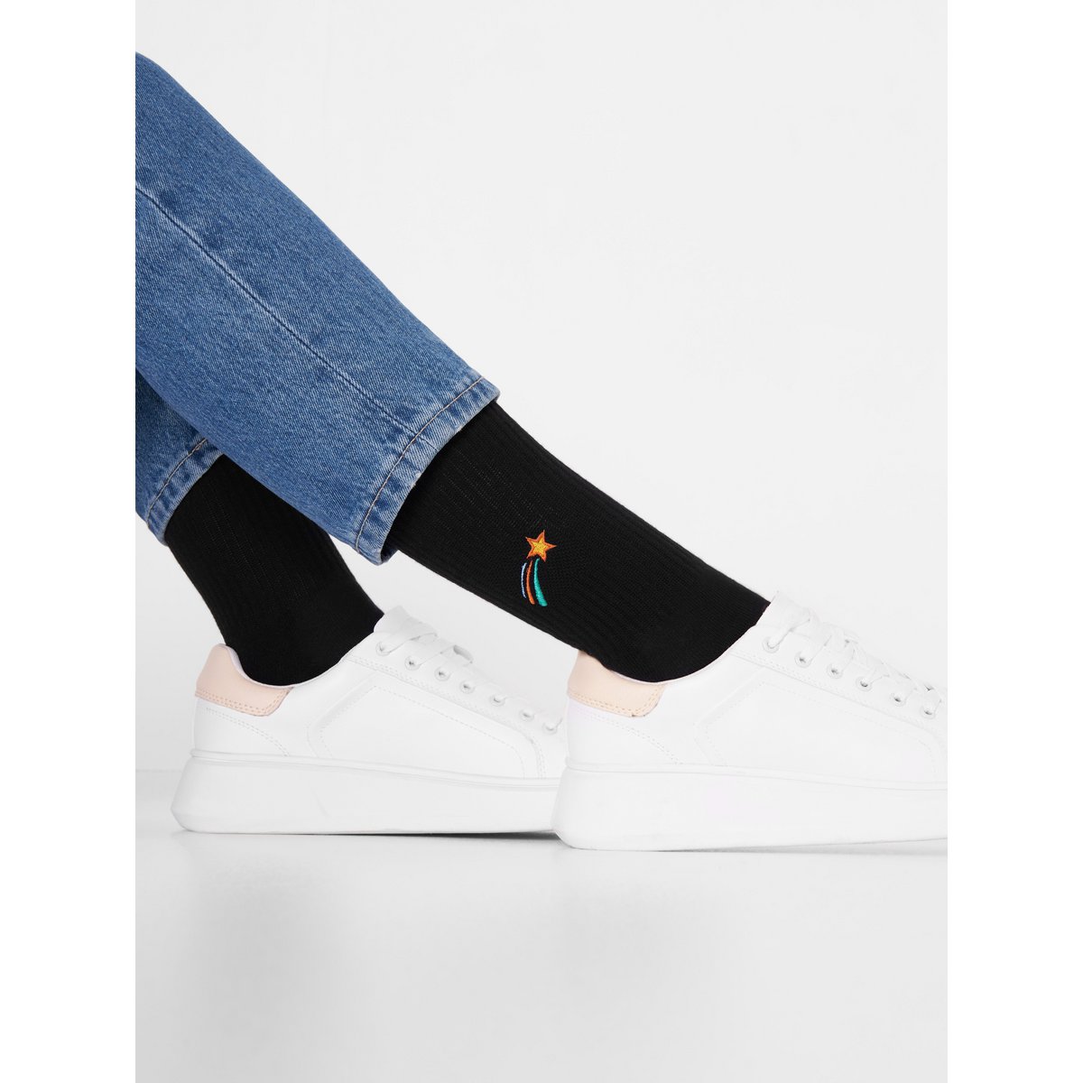Organic Shooting Star Socks - Black tennis socks with embroidered shooting star