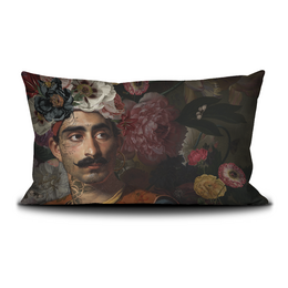 Decorative cushion cover with floral pattern and portrait design. Rectangular shape, dark background with vibrant flowers and a central portrait.