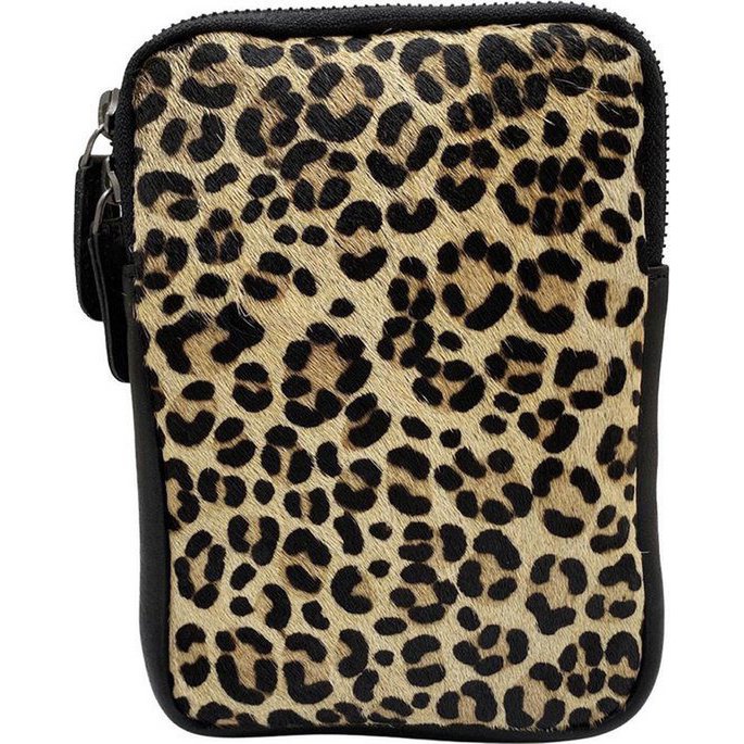 Leder -Telefonbeutel Damen schwarz mit Tigerdruck - stilvolle Tasche aus echtem Leder mit verstellbarem Schultergurt, ideal für das Tragen Ihres Telefons.