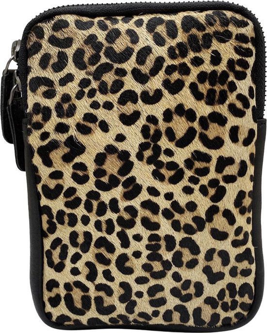 Lædertelefonpose Ladies Black With Tiger Print - Stilfuld taske lavet af ægte læder med justerbar skulderrem, ideel til at bære din telefon.