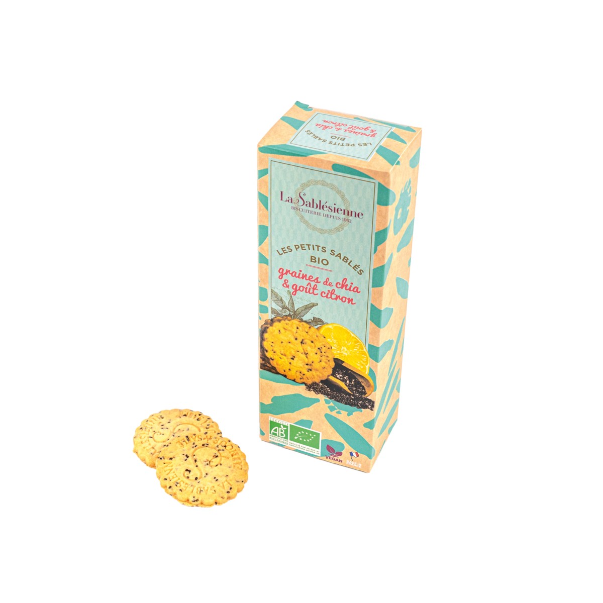 Bio- und vegane Shortbread-Kekse mit Zitrone und Chiasamen – 110-g-Karton