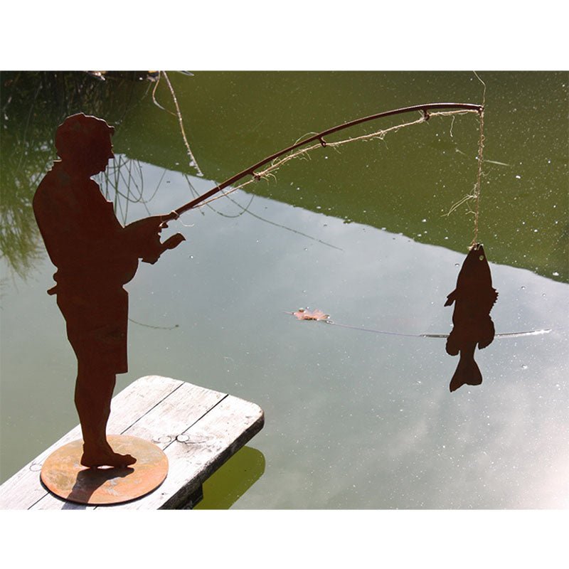 Decorative pond figure angler "Otmar" with fish | Father's Day gift idea for fishing lovers in patina