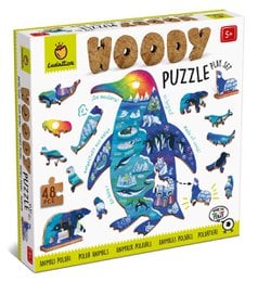 Wooden puzzle featuring a colorful design with arctic animals. Includes various shapes and sizes of animals such as polar bears, penguins, and whales.