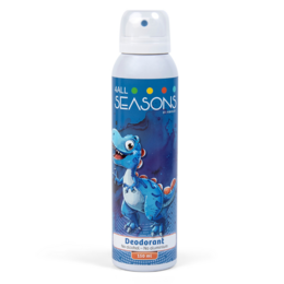 A blue and white deodorant spray bottle with a cartoon dinosaur character on the label. The product is labeled "Seasons" and is categorized as a kids deodorant.