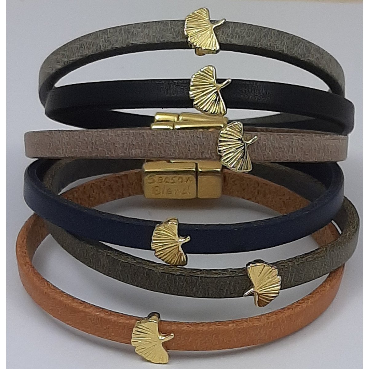 Semplice Lederarmband Ginkgo biloba 24K vergoldet