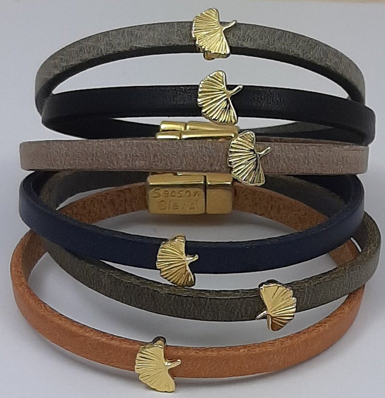 Semplice Lederarmband Ginkgo biloba 24K vergoldet