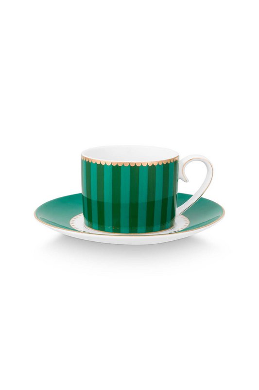 Espresso Cup & Saucer Love Birds Stripes Emerald-Green 125ml