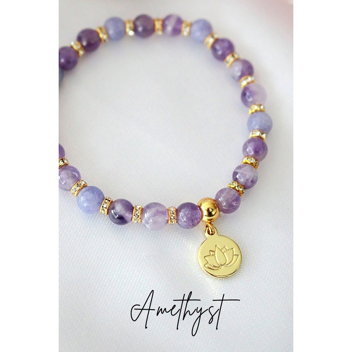 "Peace & Love" Rose Quartz - Amethyst Elastic Bracelet | 24K Lotus Flower Charm