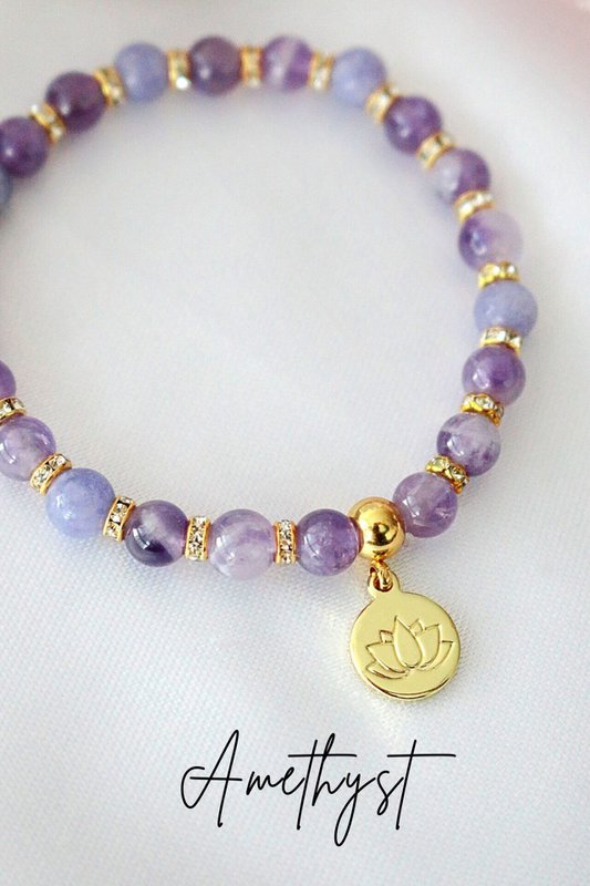 "Peace & Love" Rose Quartz - Amethyst Elastic Bracelet | 24K Lotus Flower Charm