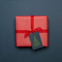 5 julegavemærker med "juletræ" i mørkeblå lavet af 100% genbrugspapir