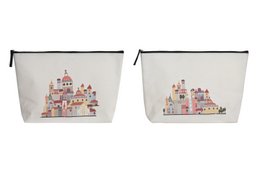  A large, rectangular polyester canvas bag with a colorful, illustrated design of a castle or palace on the front. The bag has two handles and appears to be suitable for carrying various items.